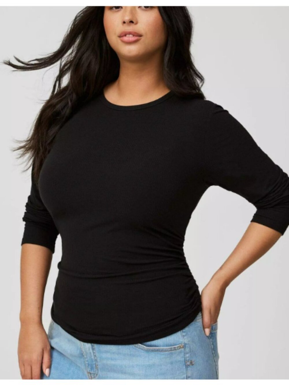 Torrid Black Ruched Side Top Size 2 Rib Knit Long Sleeve Shirt